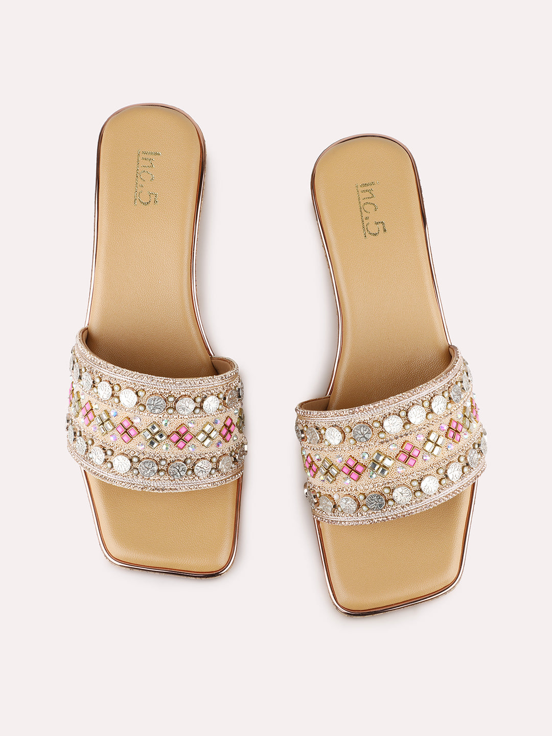 Women Rose Gold Ethnic Embellished Round Toe Wedge Heel Sandals