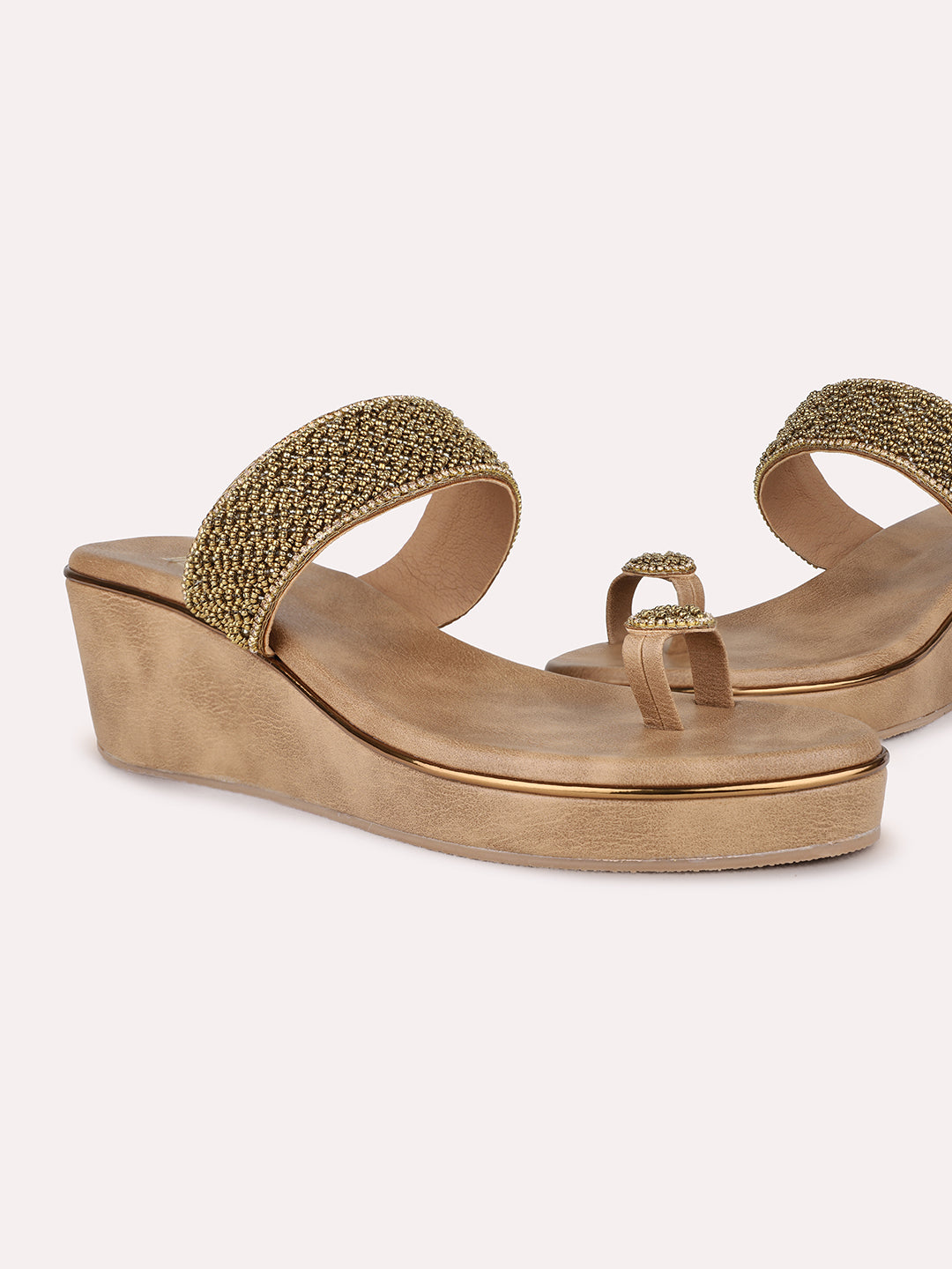 Womens Golden Party Wear Embellished Round Toe Wedge Heel Sandals