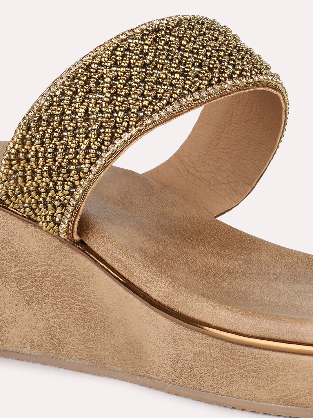 Womens Golden Party Wear Embellished Round Toe Wedge Heels