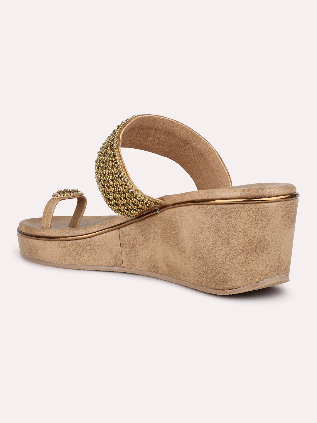 Womens Golden Party Wear Embellished Round Toe Wedge Heels