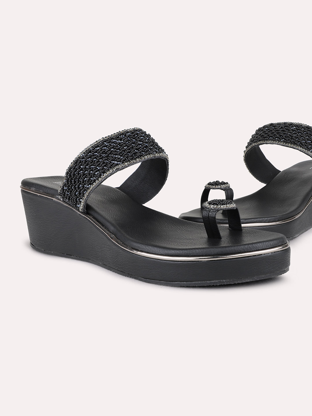 Womens Black Party Wear Embellished Round Toe Wedge Heel Sandals