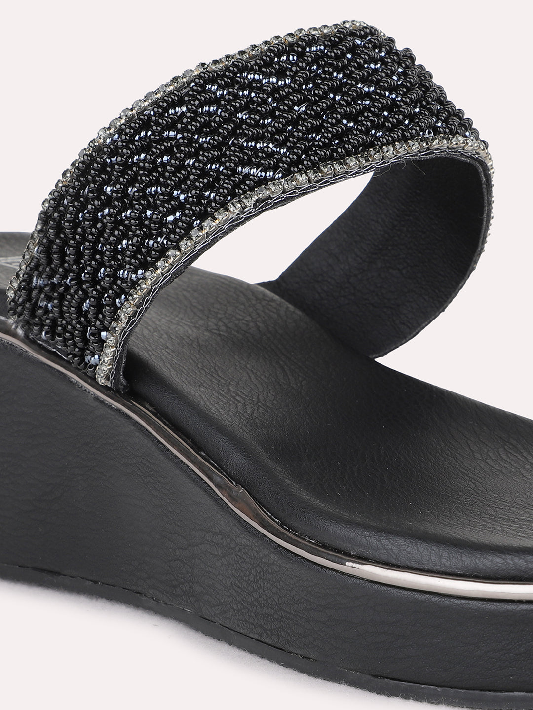Womens Black Party Wear Embellished Round Toe Wedge Heel Sandals
