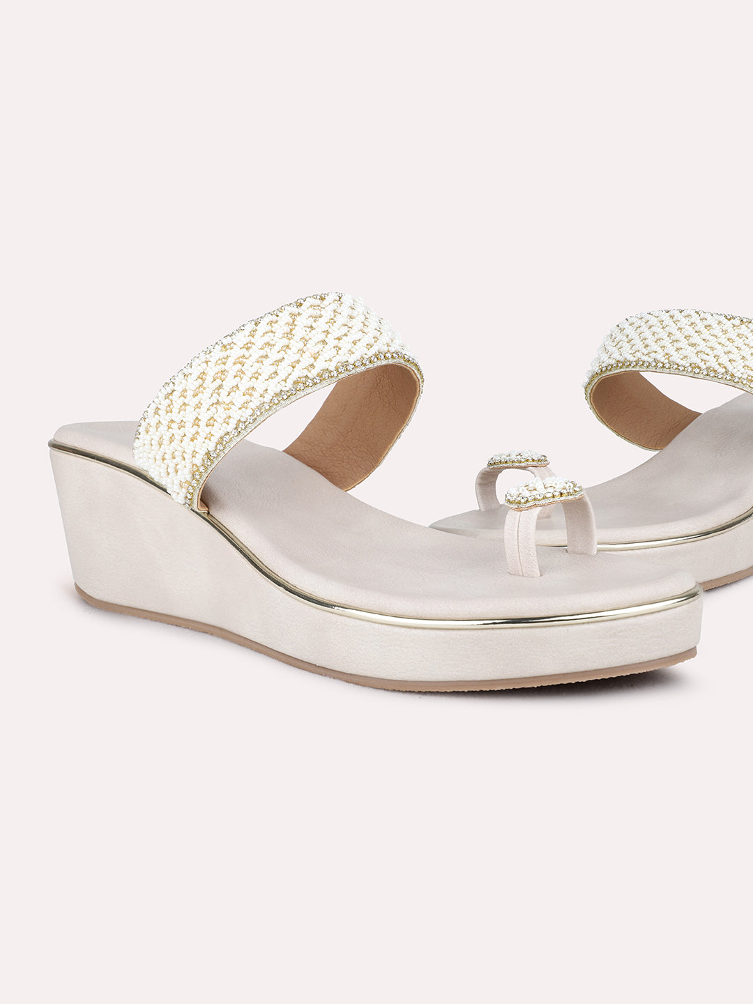 Womens Cream Party Wear Embellished Round Toe Wedge Heel Sandals