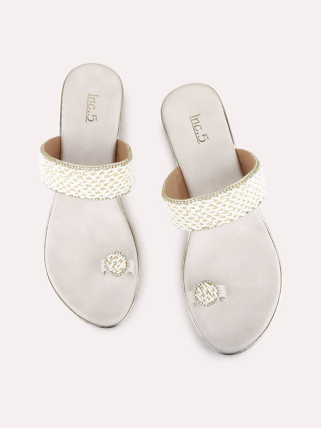 Womens Cream Party Wear Embellished Round Toe Wedge Heel Sandals