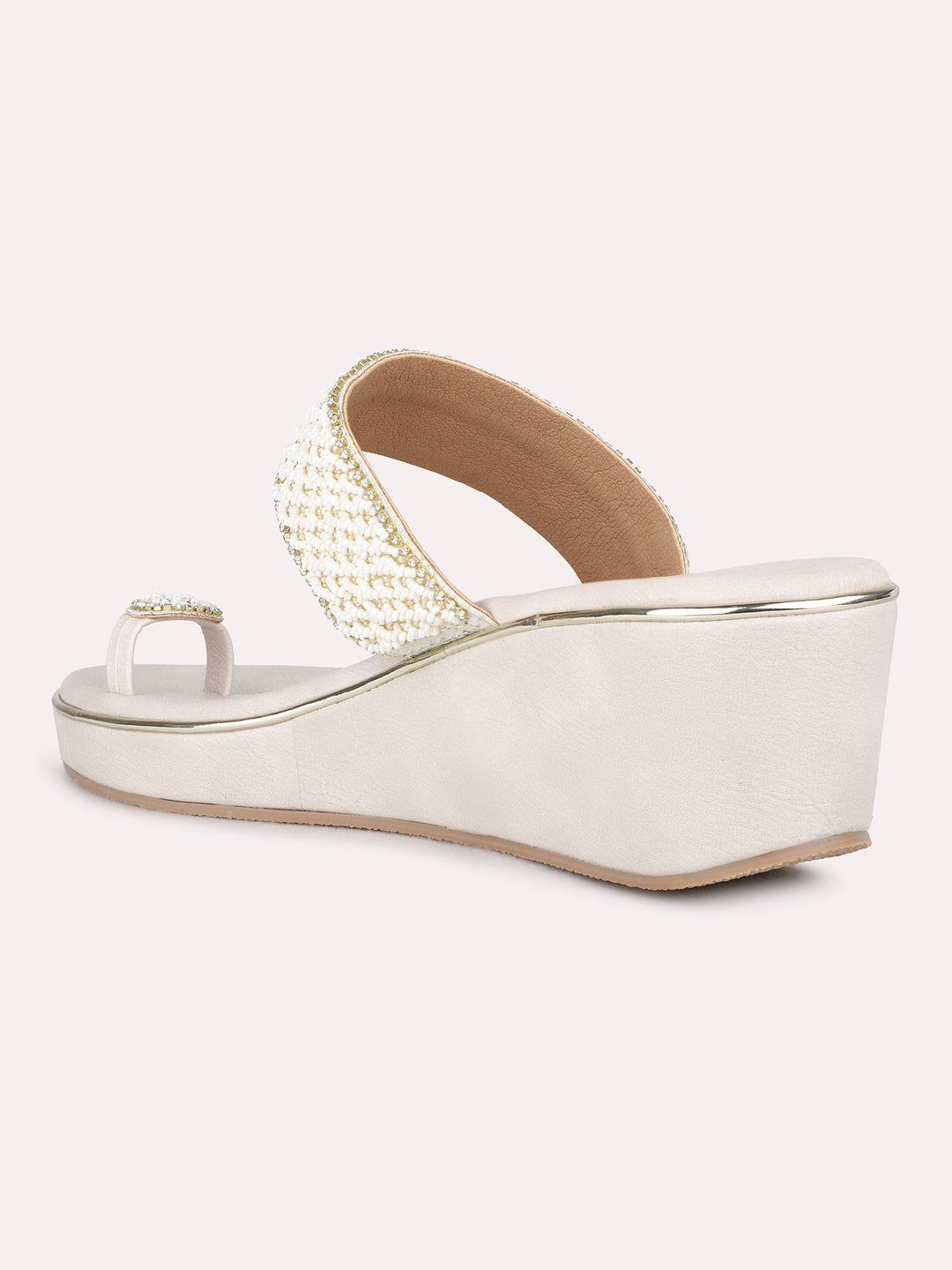 Womens Cream Party Wear Embellished Round Toe Wedge Heel Sandals