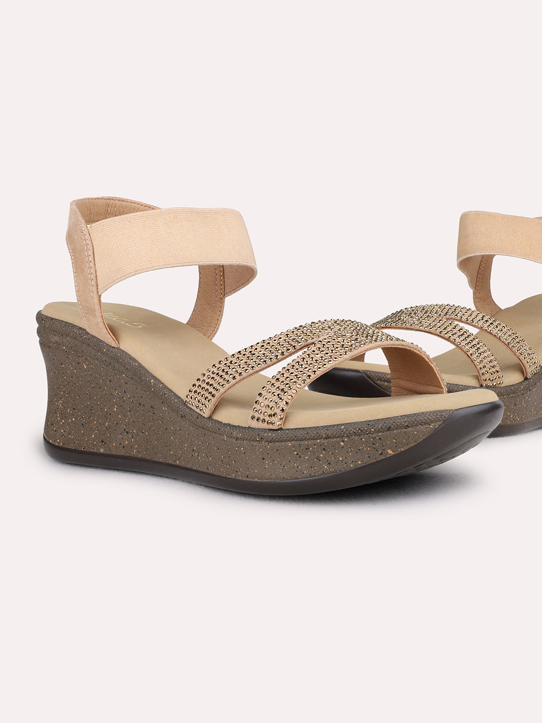 Womens Beige Ethnic Embellished Wedge Heel Sandals