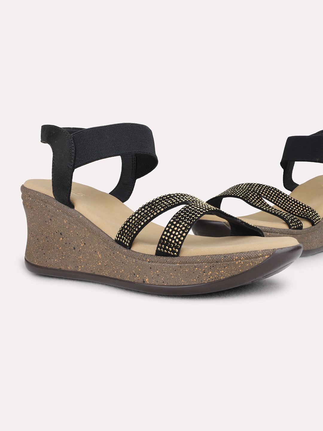 Womens Black Ethnic Embellished Pattern Wedge Heel Sandals