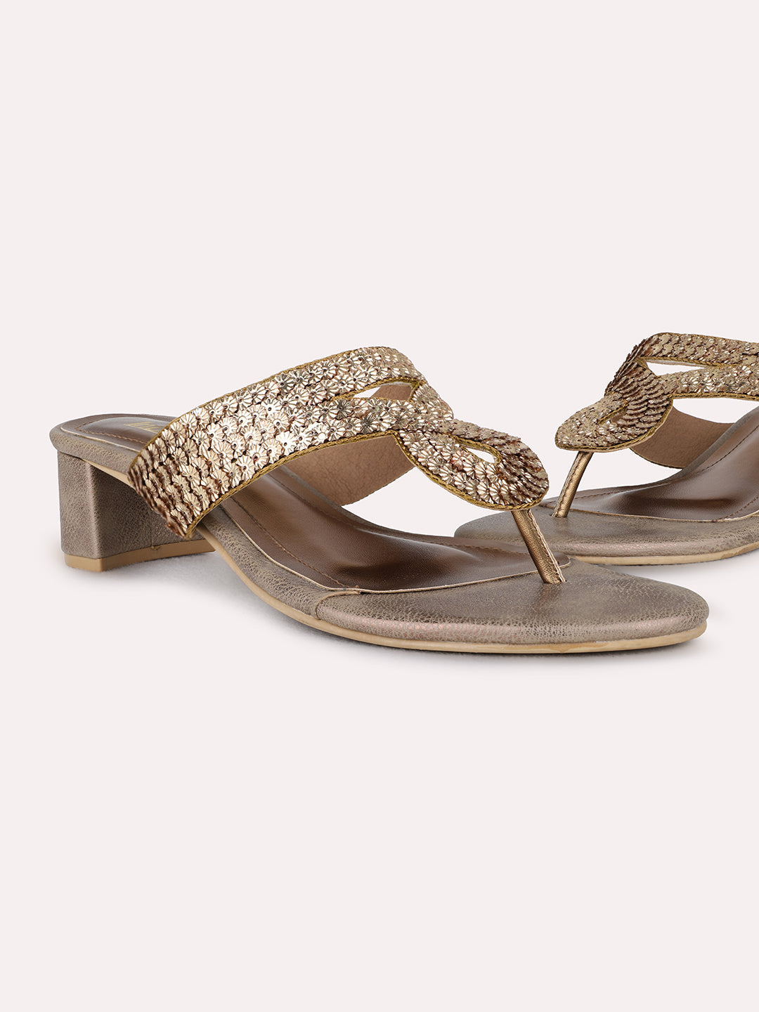 Womens Golden Party Wear Embellished Round Toe Block Heel Sandals