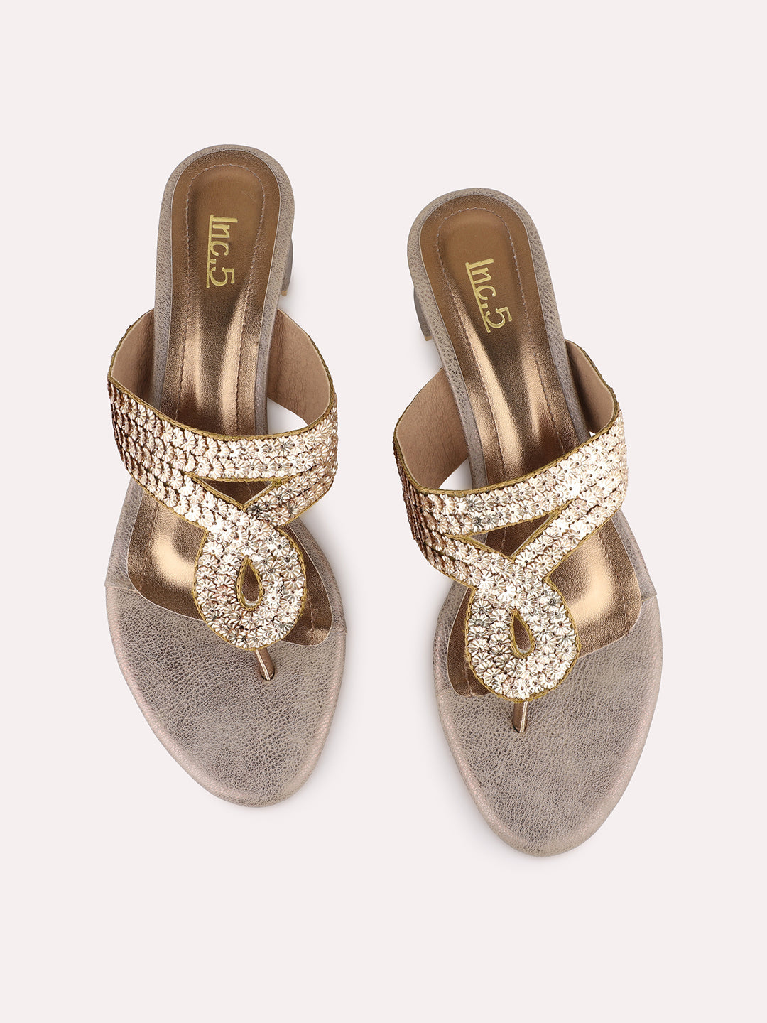 Womens Golden Party Wear Embellished Round Toe Block Heel Sandals