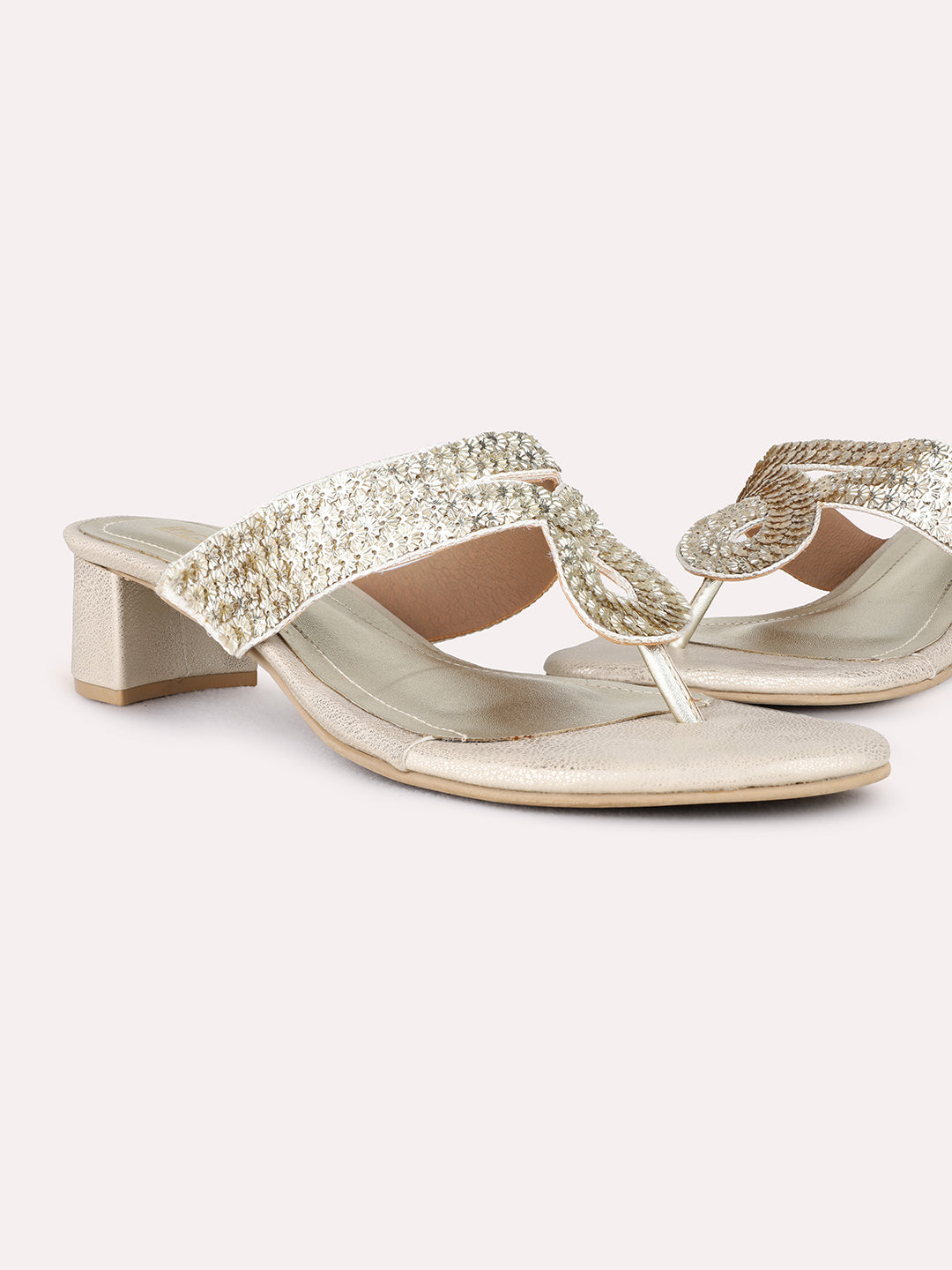 Womens Golden Party Wear Embellished Round Toe Block Heel Sandals