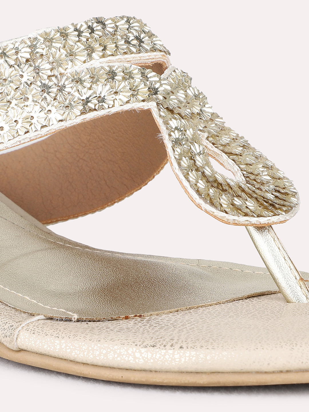 Womens Golden Party Wear Embellished Round Toe Block Heel Sandals