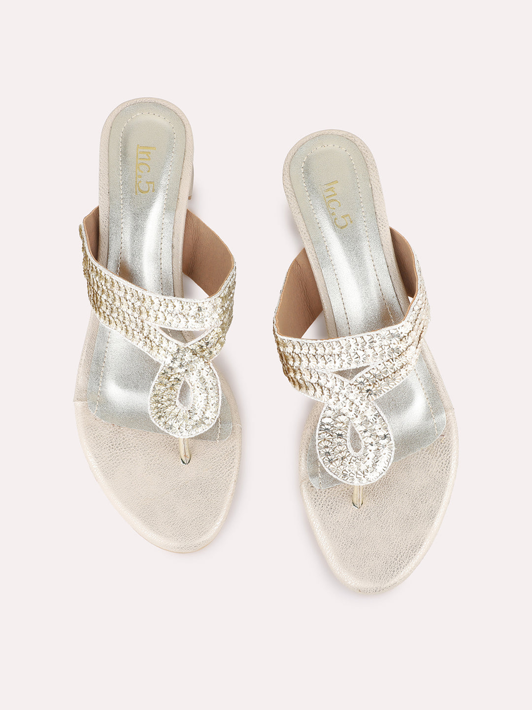 Womens Golden Party Wear Embellished Round Toe Block Heel Sandals