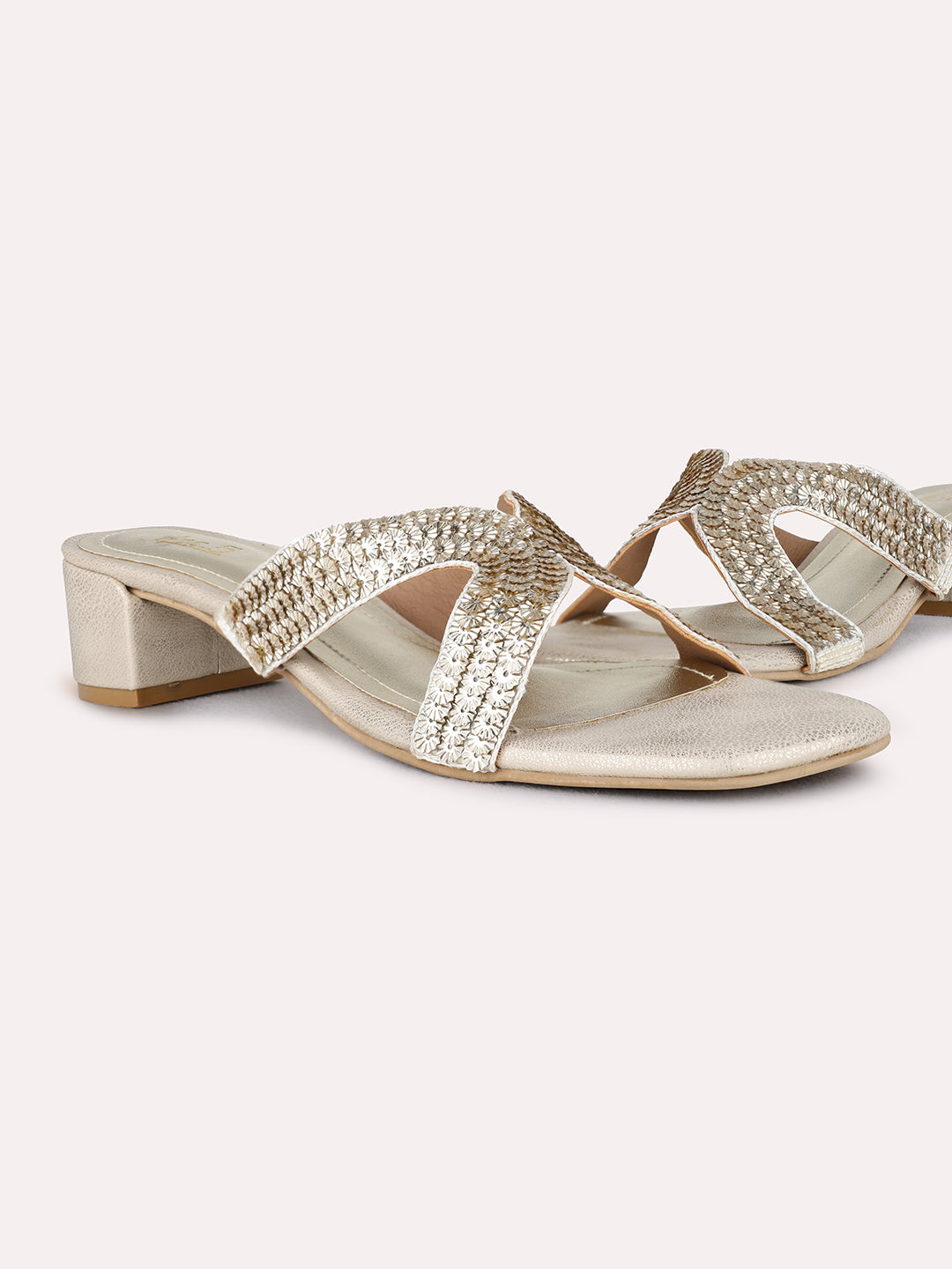 Womens Golden Party Wear Embellished Square Toe Block Heel Sandals