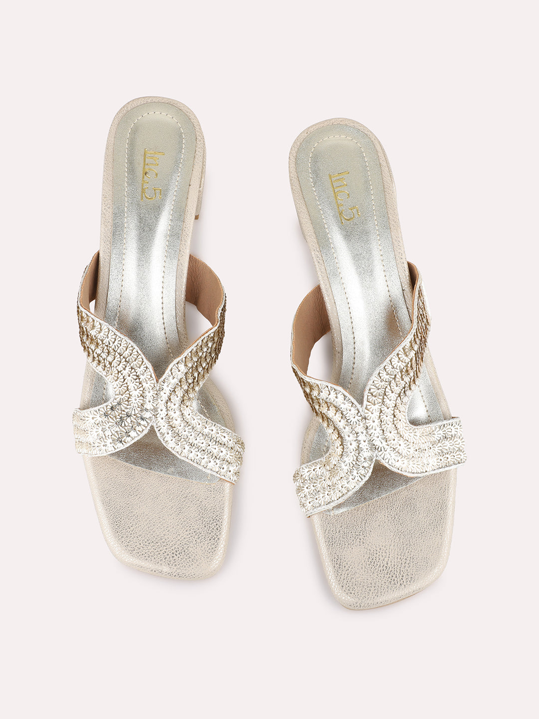 Womens Golden Party Wear Embellished Square Toe Block Heel Sandals