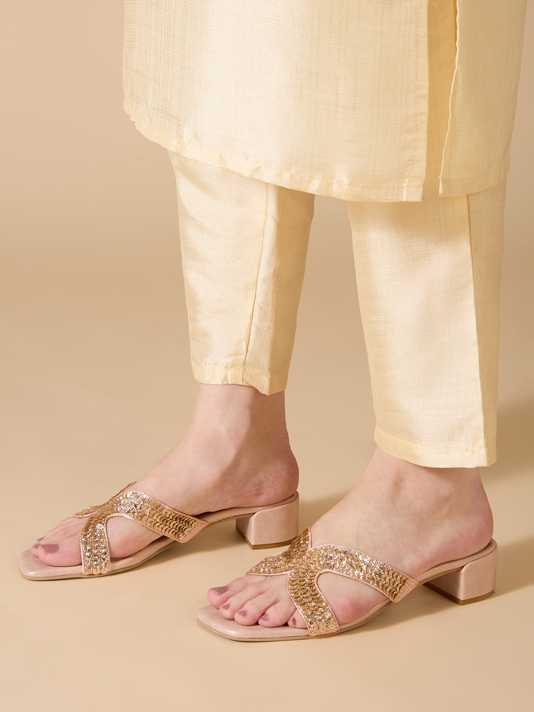 Womens Rose Golden Party Wear Embellished Square Toe Block Heel Sandals