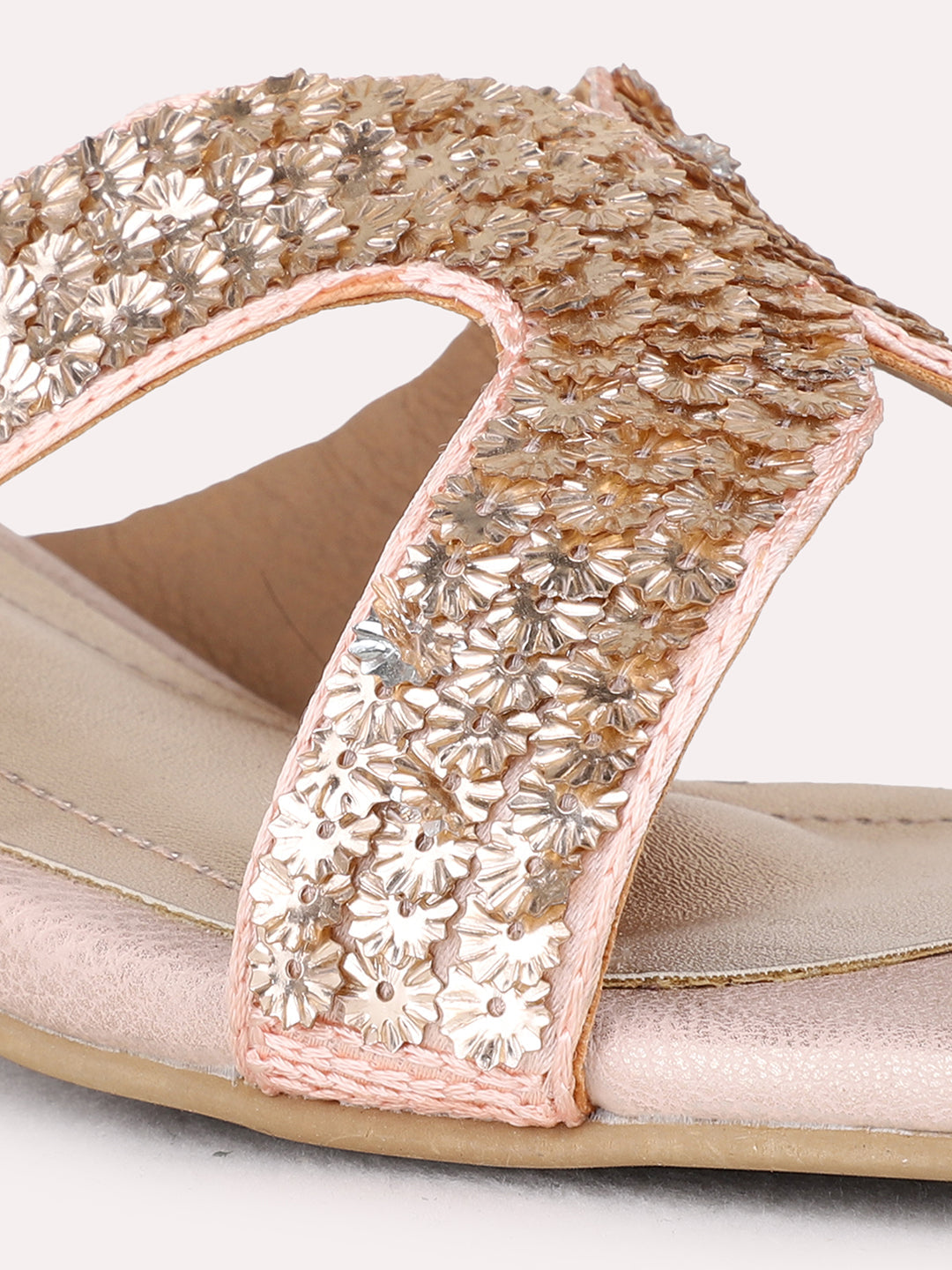 Womens Rose Golden Party Wear Embellished Square Toe Block Heel Sandals