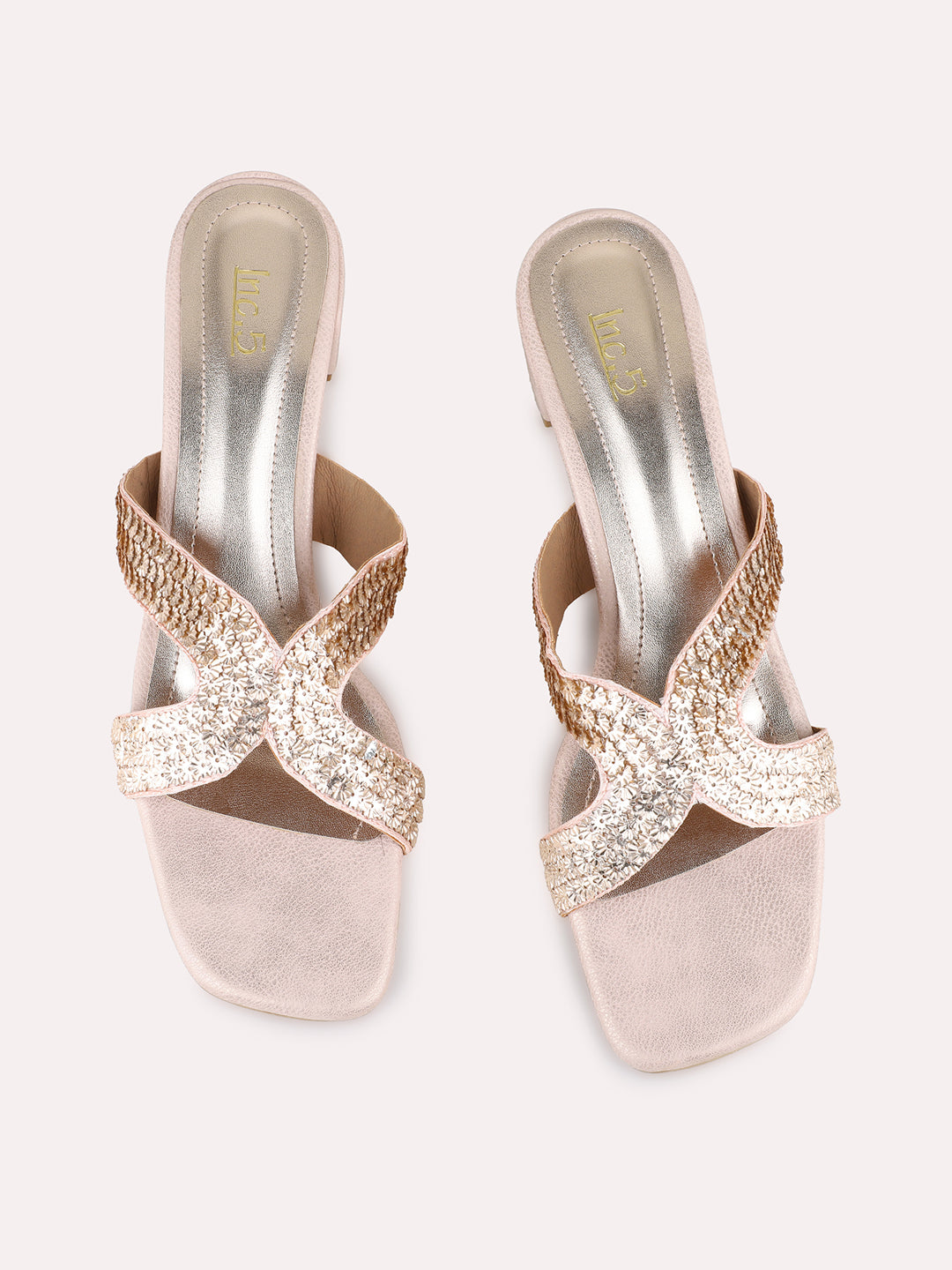 Womens Rose Golden Party Wear Embellished Square Toe Block Heel Sandals