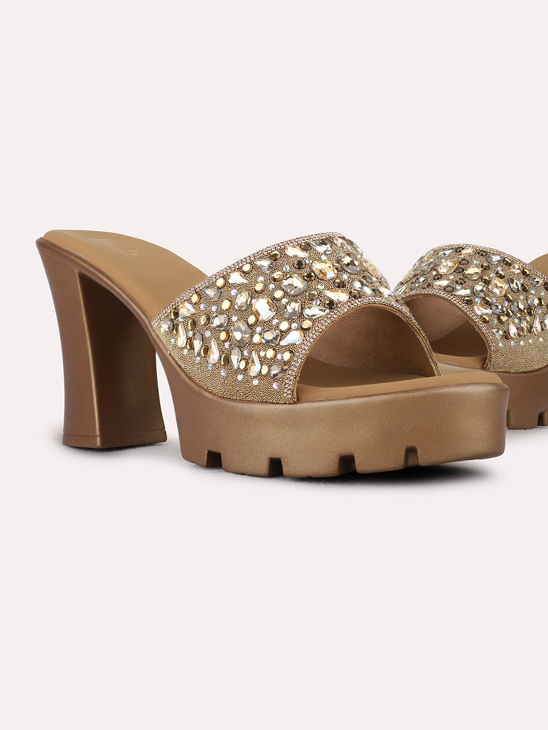 Womens Golden Ethnic Embellished Pattern Round Toe Flatform Heels