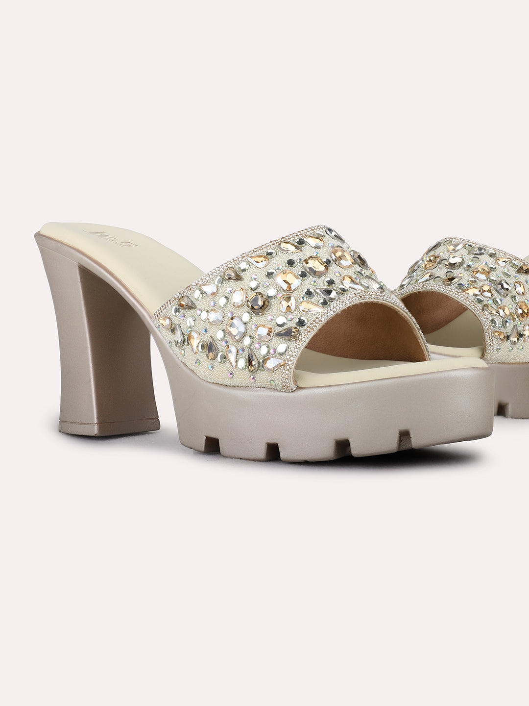Womens Golden Ethnic Embellished Round Toe Flatform Heels