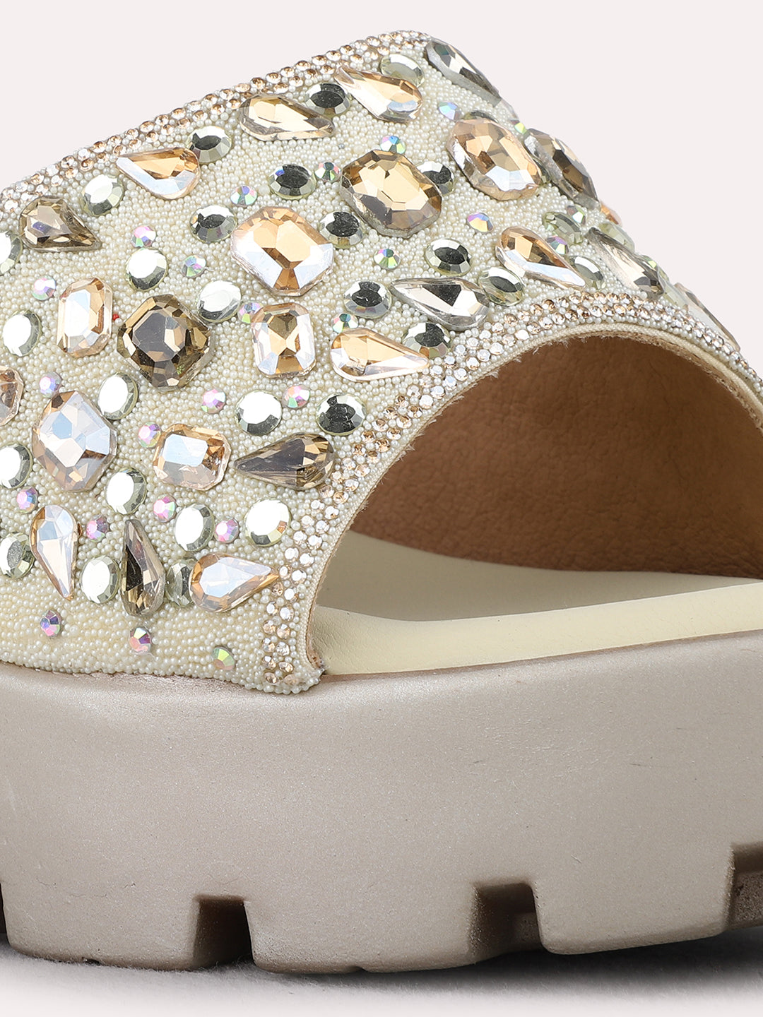 Womens Golden Ethnic Embellished Round Toe Flatform Heels