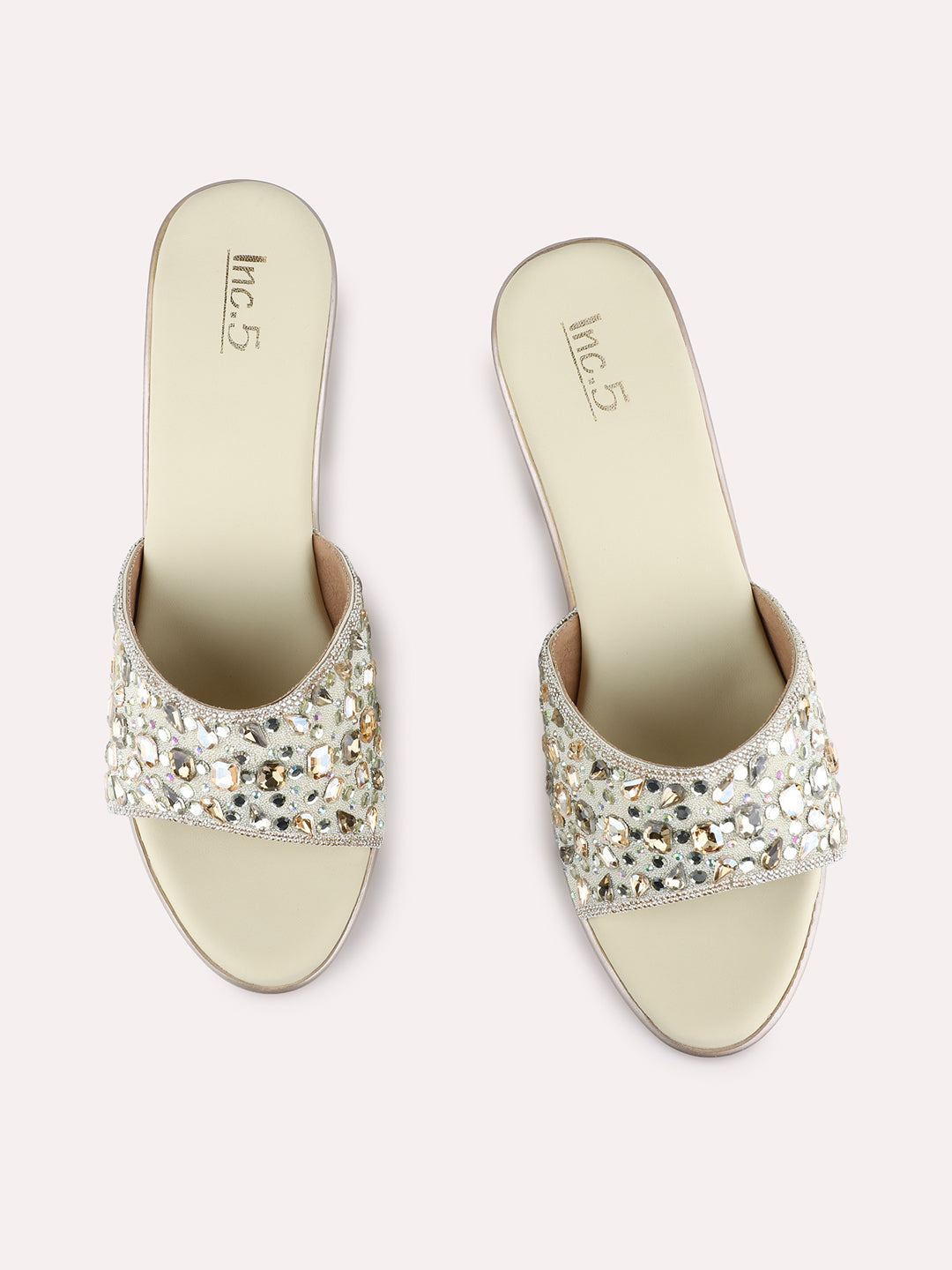 Womens Golden Ethnic Embellished Round Toe Flatform Heels