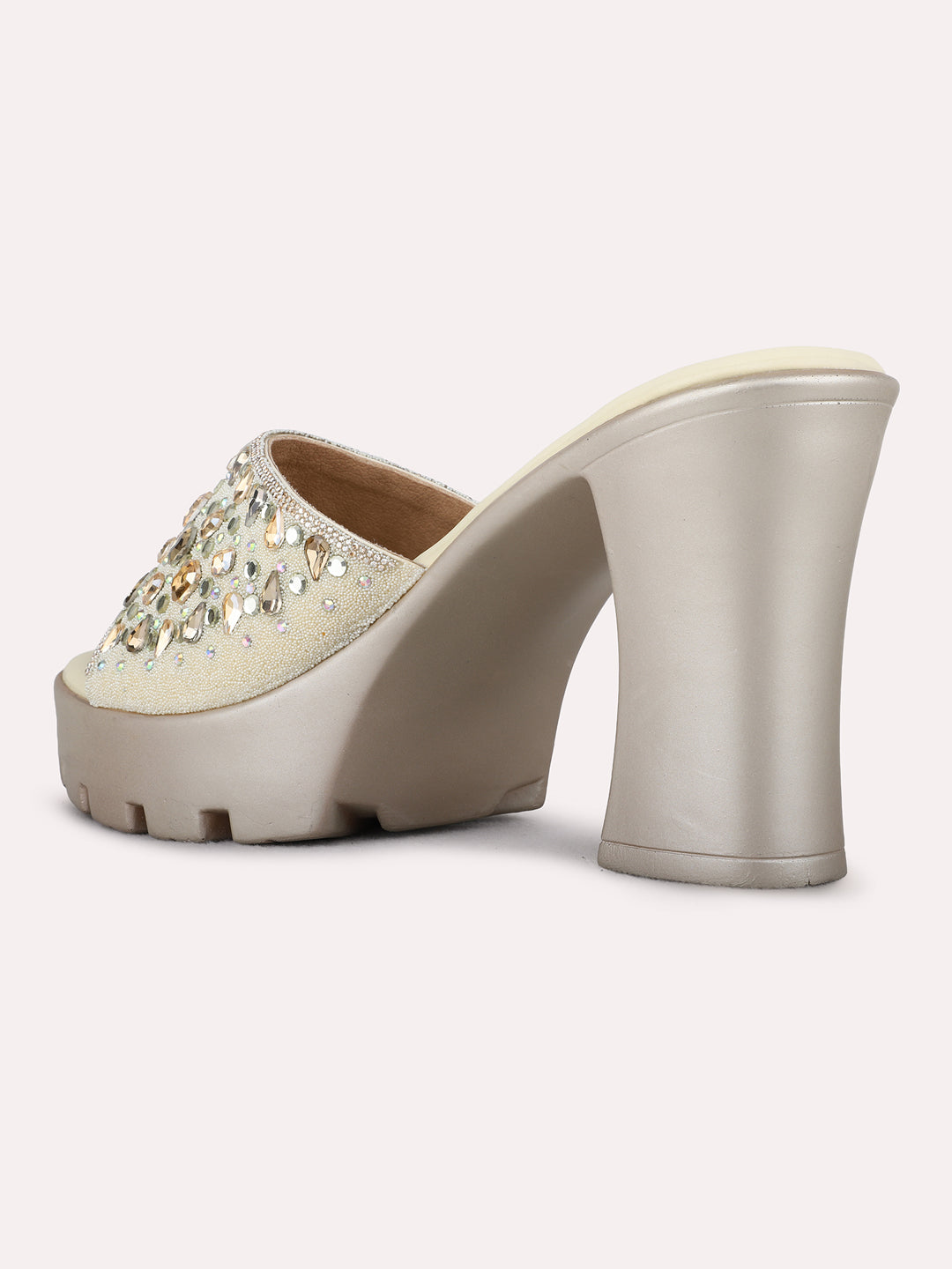 Womens Golden Ethnic Embellished Round Toe Flatform Heels