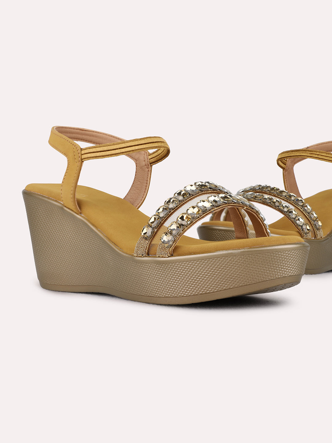 Womens Golden Ethnic Embellished Pattern Round Toe Wedges
