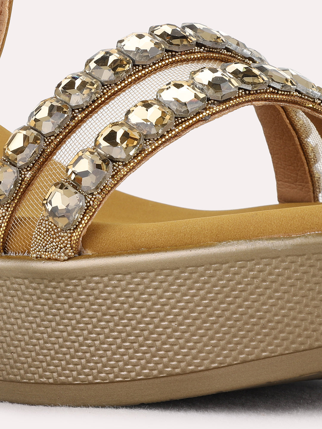 Womens Golden Ethnic Embellished Pattern Round Toe Wedges