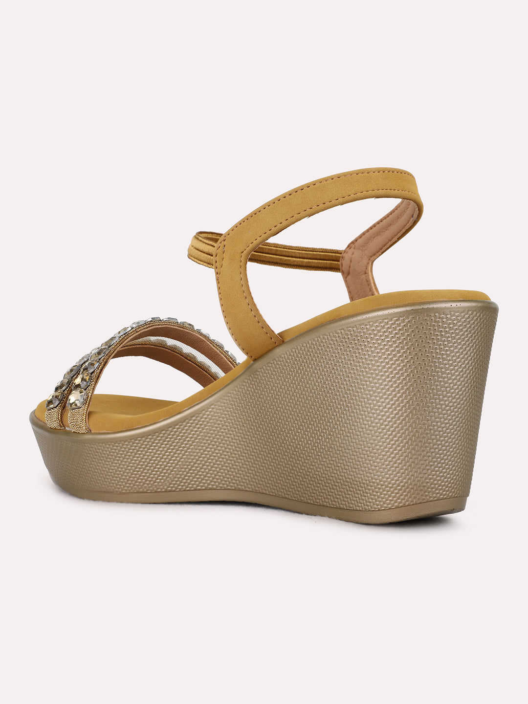 Womens Golden Ethnic Embellished Pattern Round Toe Wedges