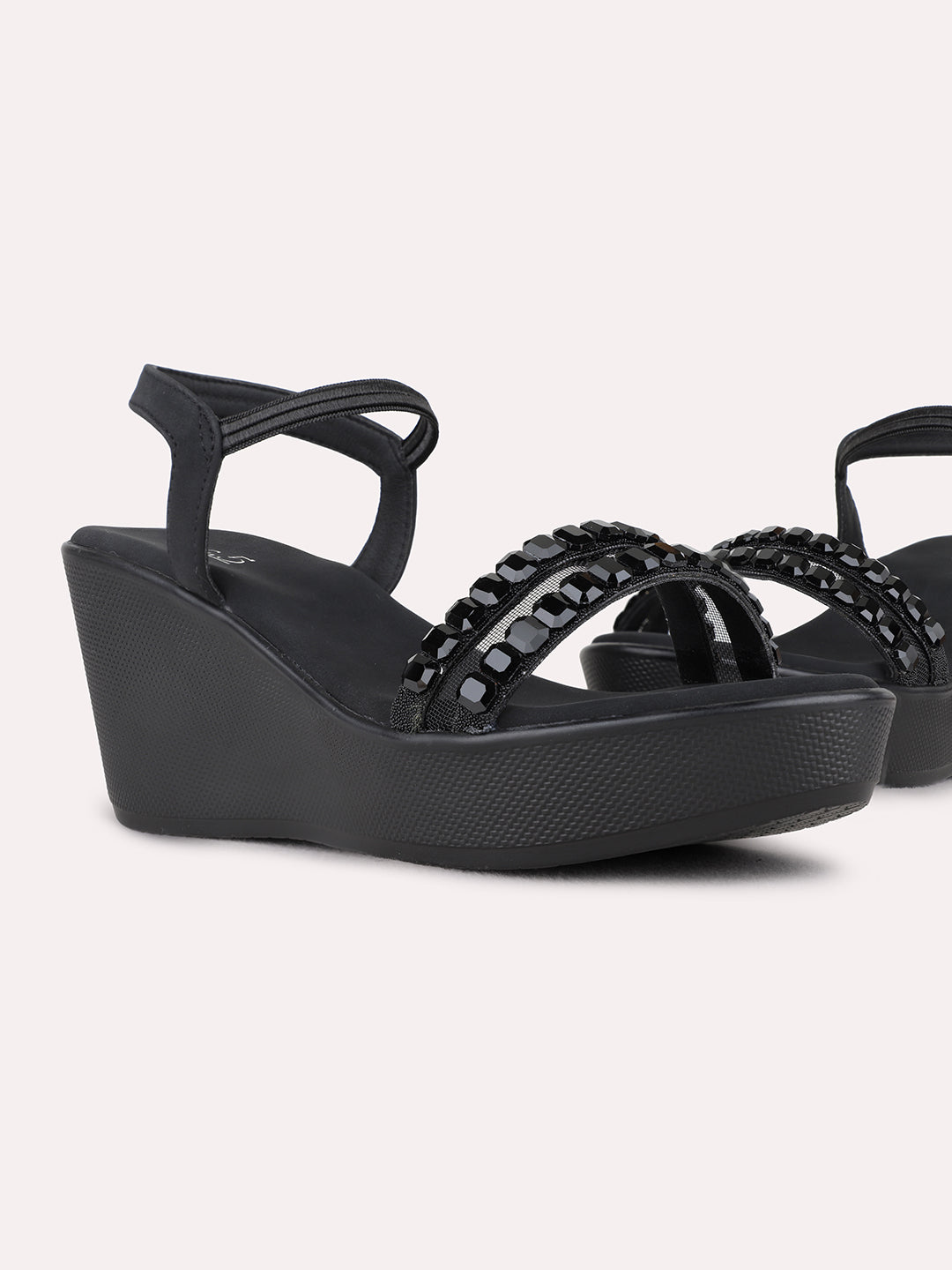 Womens Black Ethnic Embellished Round Toe Wedge Heels