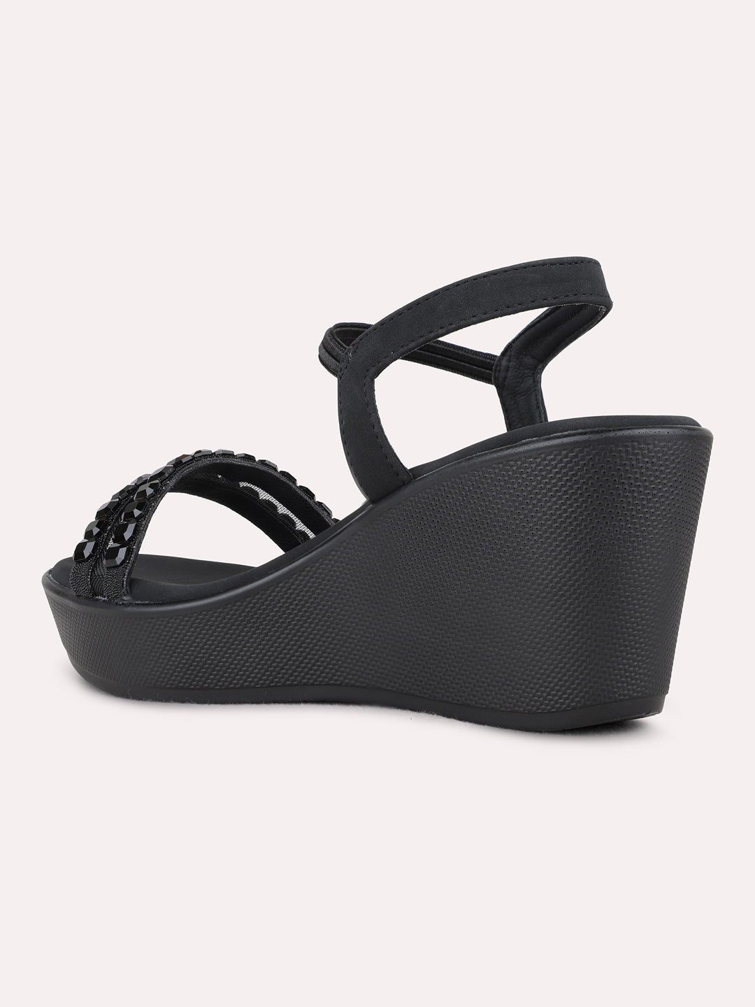 Womens Black Ethnic Embellished Round Toe Wedge Heels