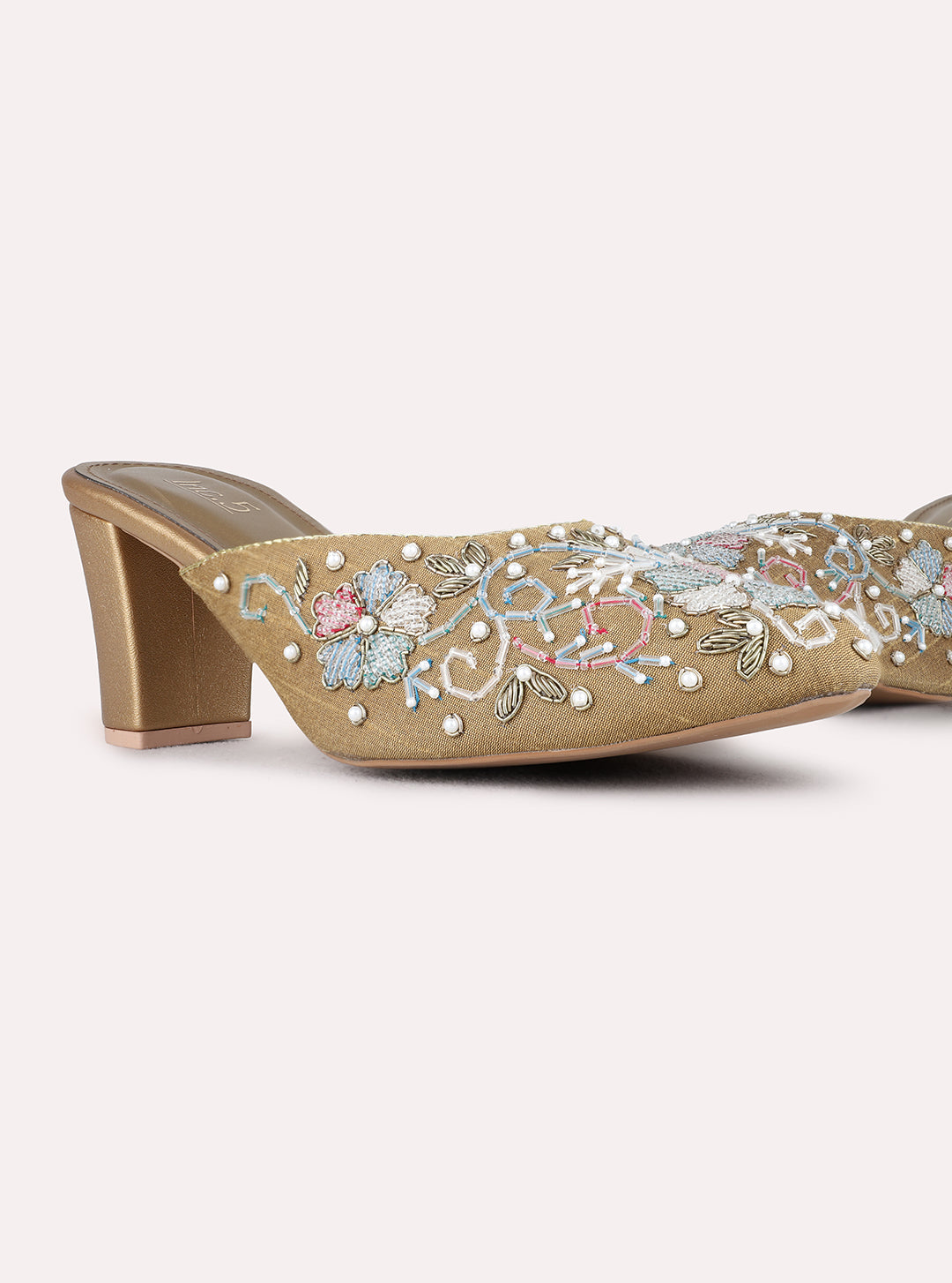 Womens Golden Ethnic Embellished Pointed Toe Block Heels Mules