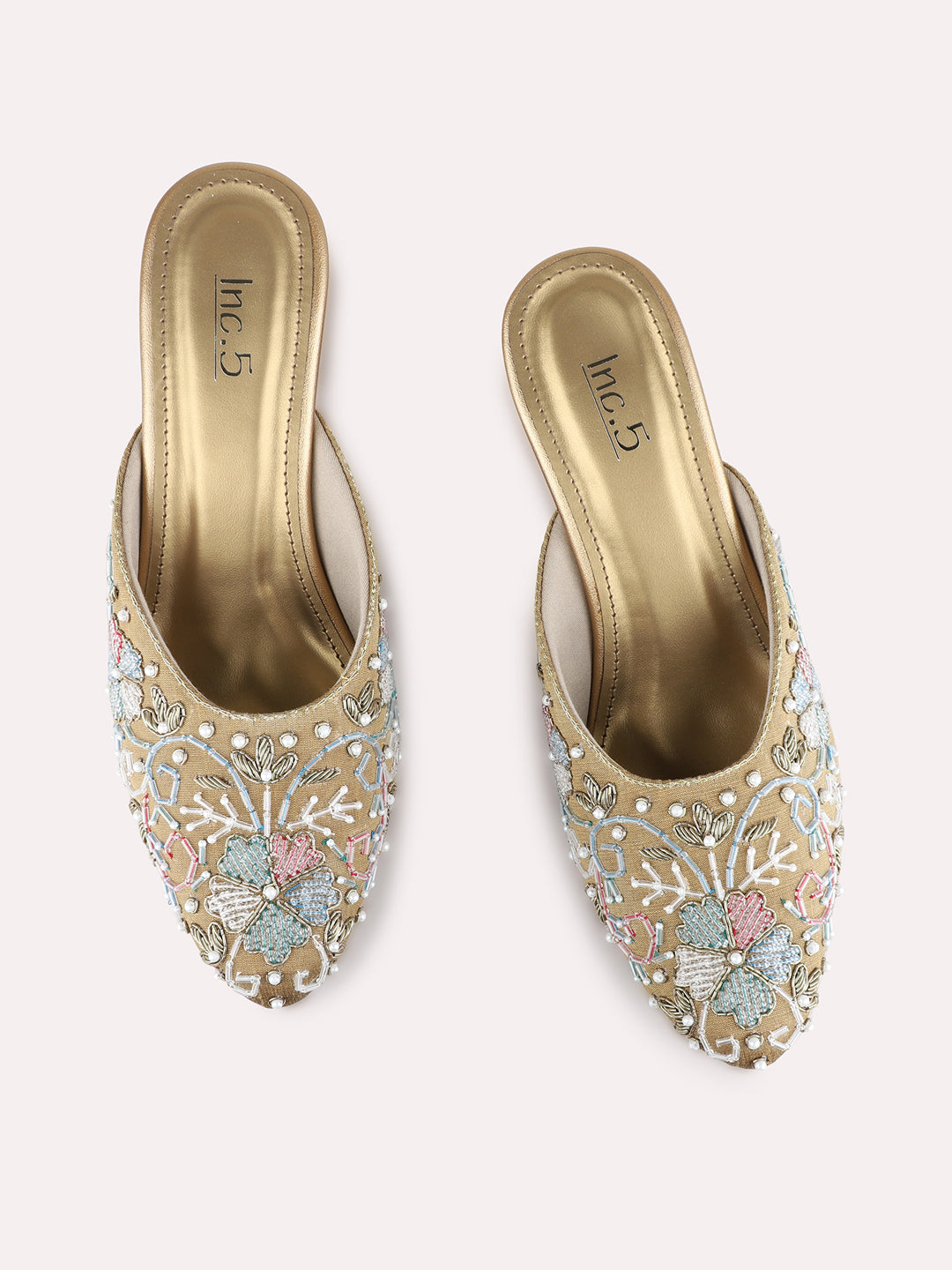 Womens Golden Ethnic Embellished Pointed Toe Block Heels Mules