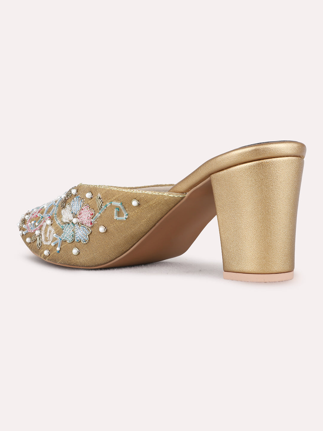 Womens Golden Ethnic Embellished Pointed Toe Block Heels Mules