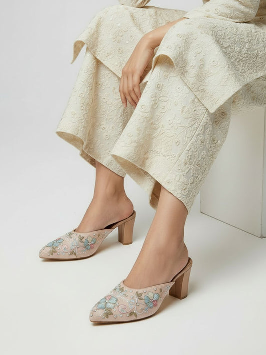 Womens Rose Gold Ethnic Embellished Pointed Toe Block Heels Mules
