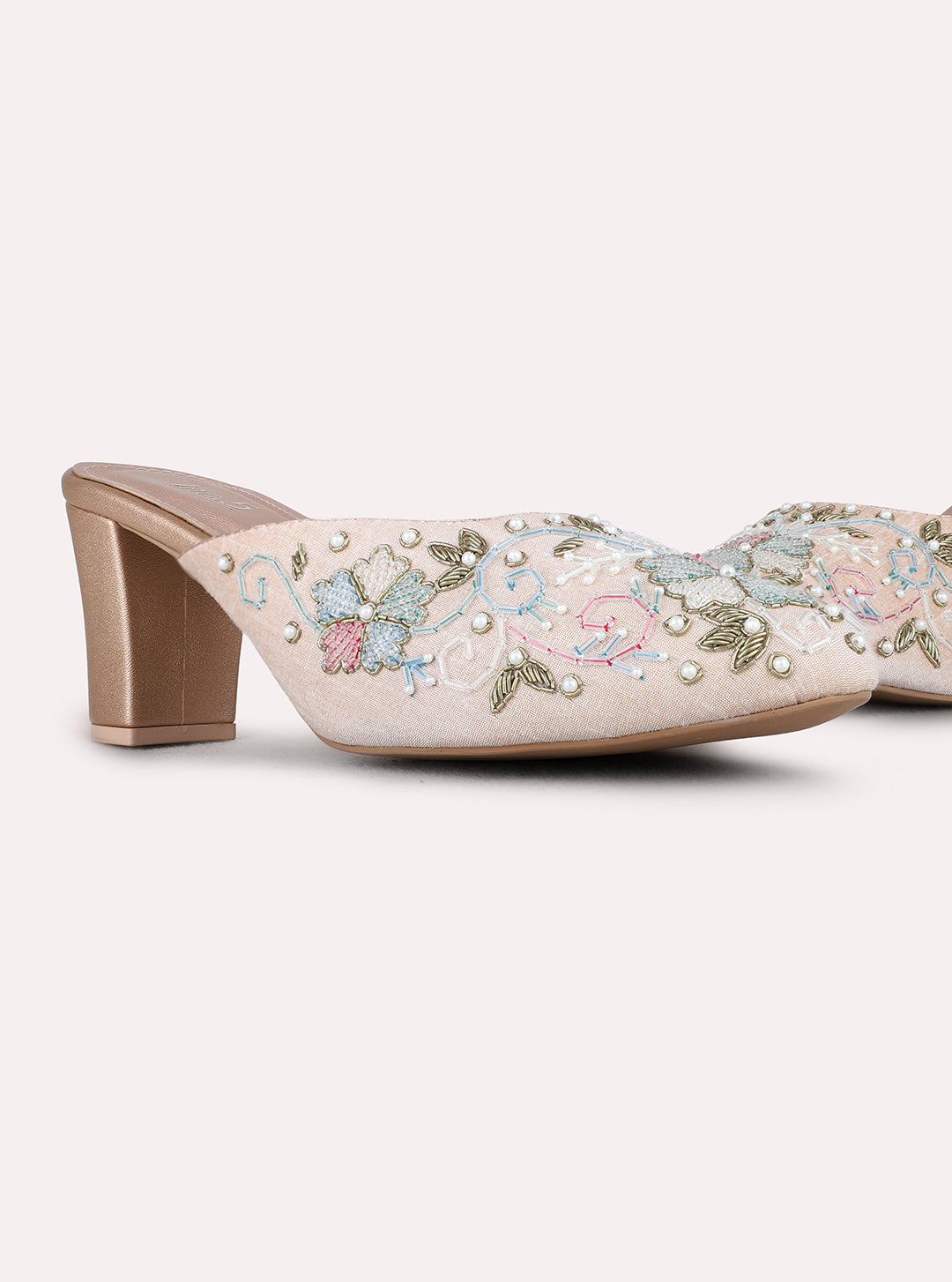 Womens Rose Gold Ethnic Embellished Pointed Toe Block Heels Mules