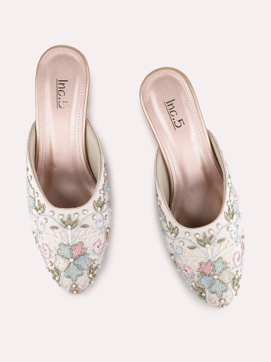 Womens Rose Gold Ethnic Embellished Pointed Toe Block Heels Mules