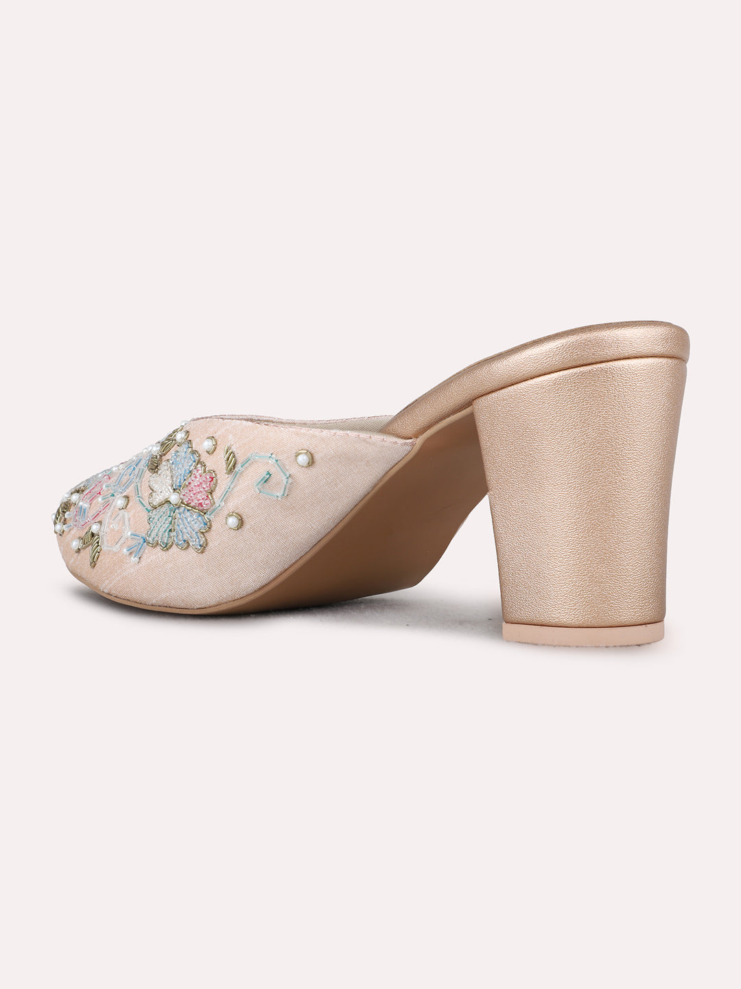 Womens Rose Gold Ethnic Embellished Pointed Toe Block Heels Mules