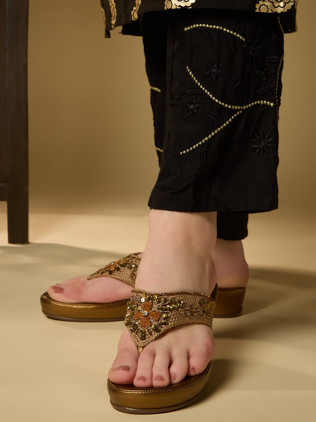 Womens Golden Ethnic Embellished Pattern Wedge Sandals