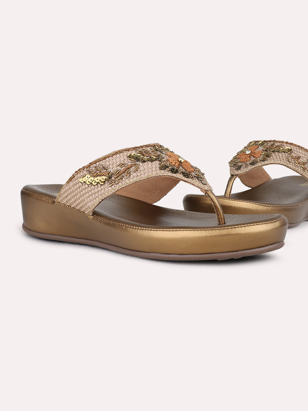 Womens Golden Ethnic Embellished Pattern Wedge Sandals