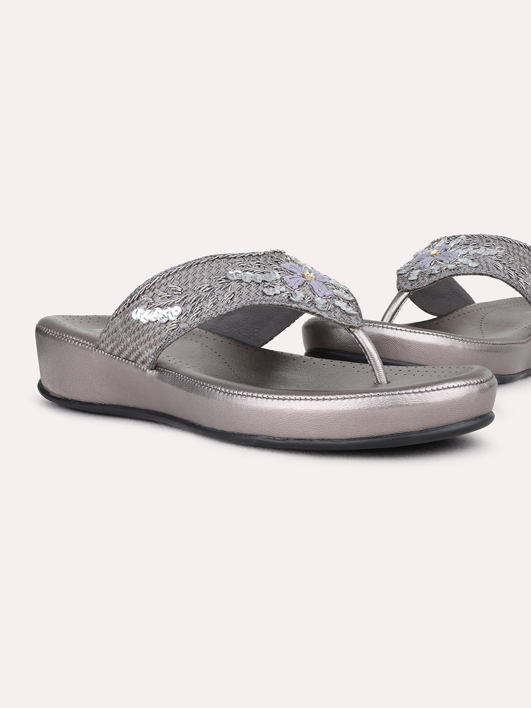 Womens Pewter Ethnic Embellished Pattern Wedge Heel Sandals