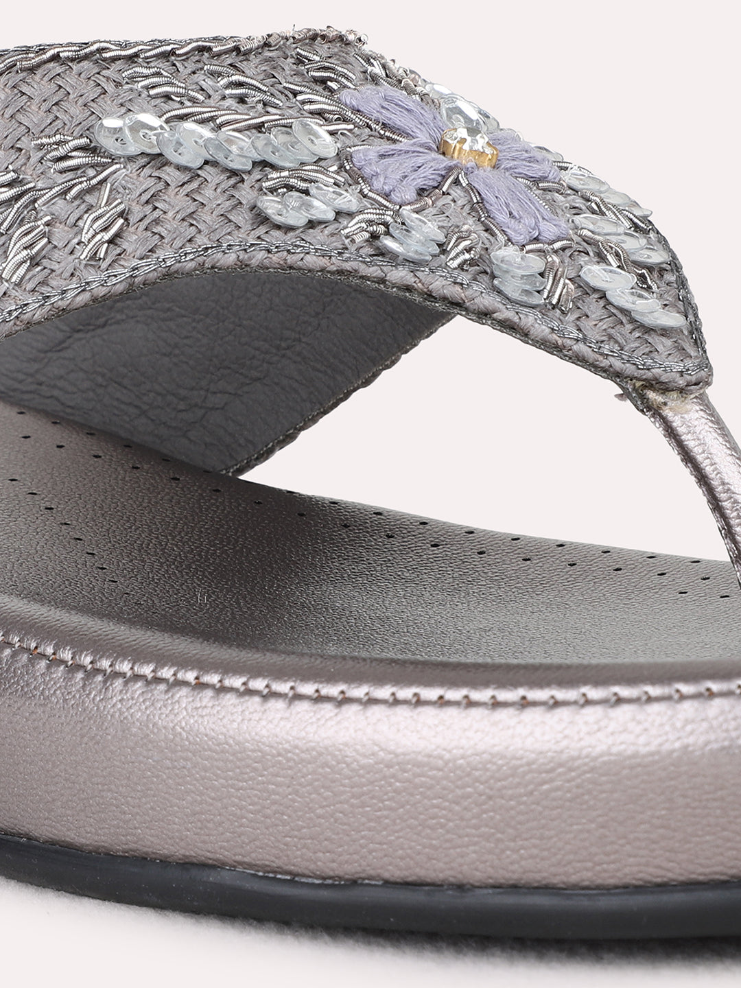 Womens Pewter Ethnic Embellished Pattern Wedge Heel Sandals