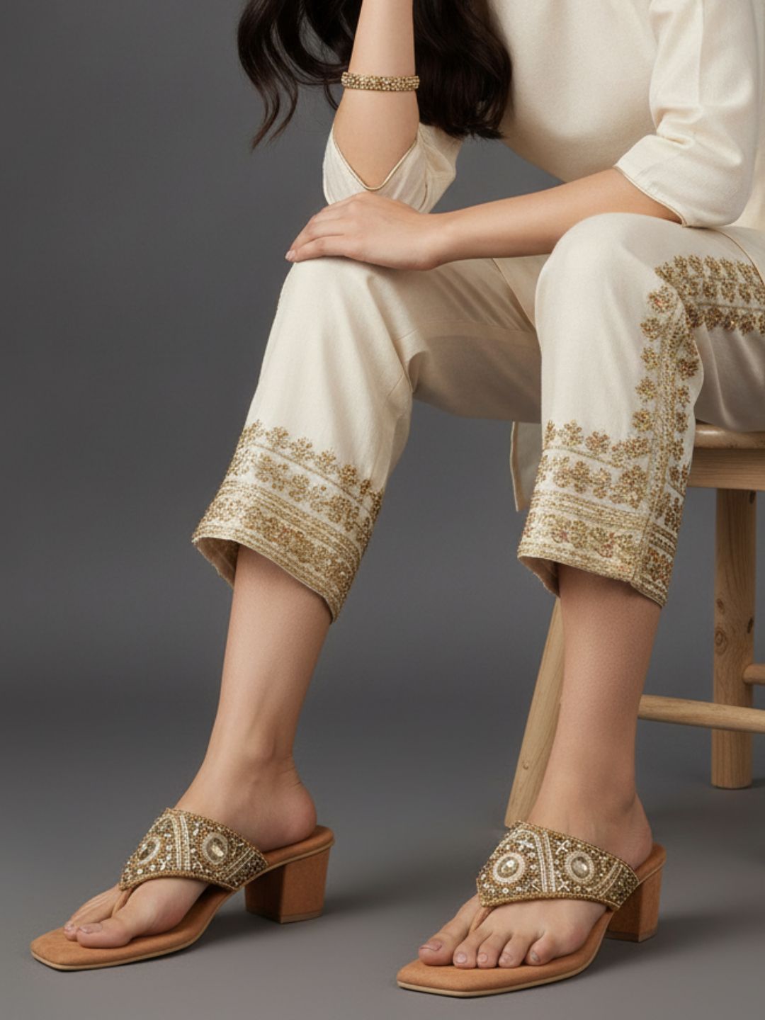 Womens Golden Ethnic Embellished Square Toe Block Heels