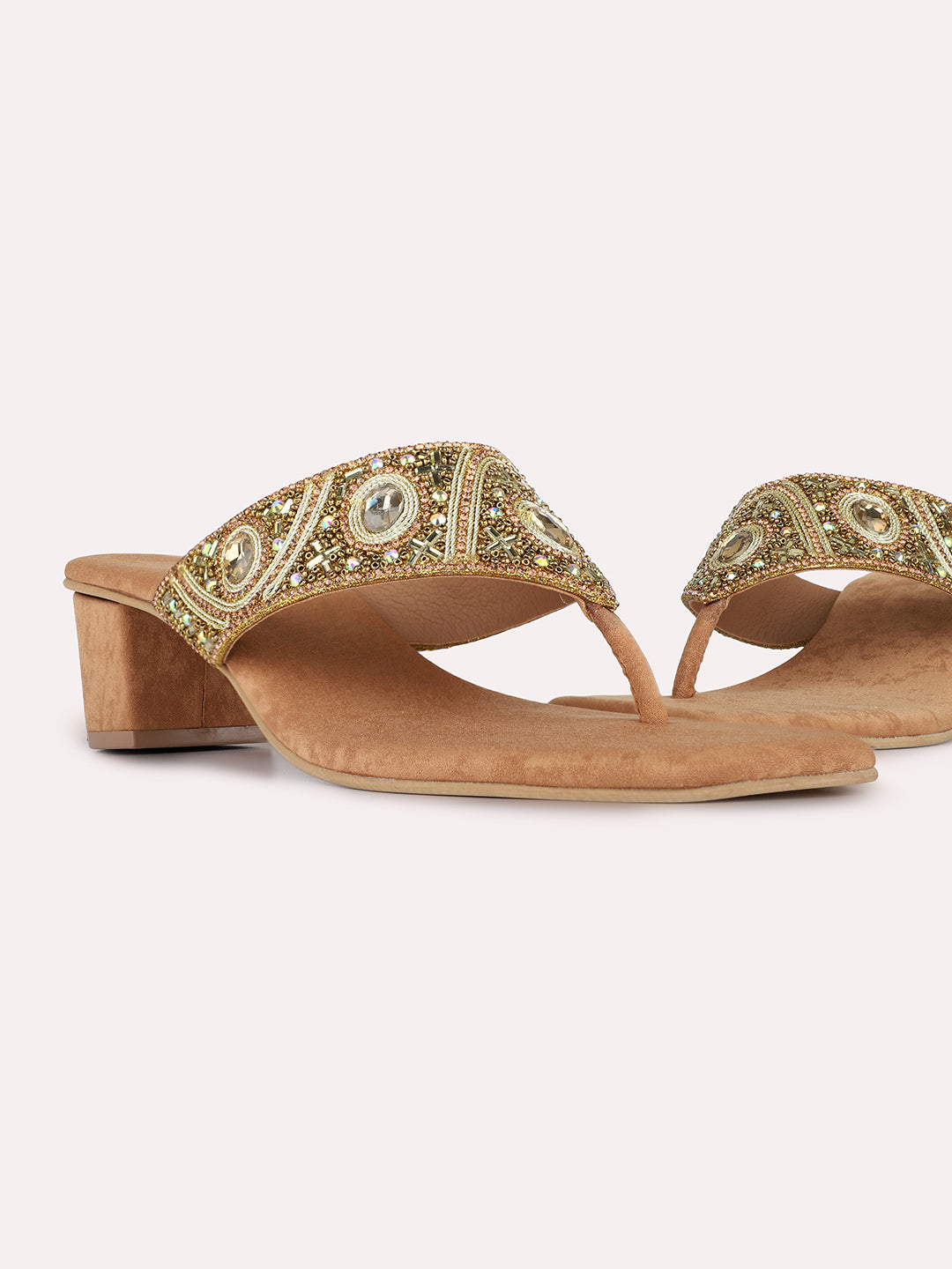 Womens Golden Ethnic Embellished Square Toe Block Heels