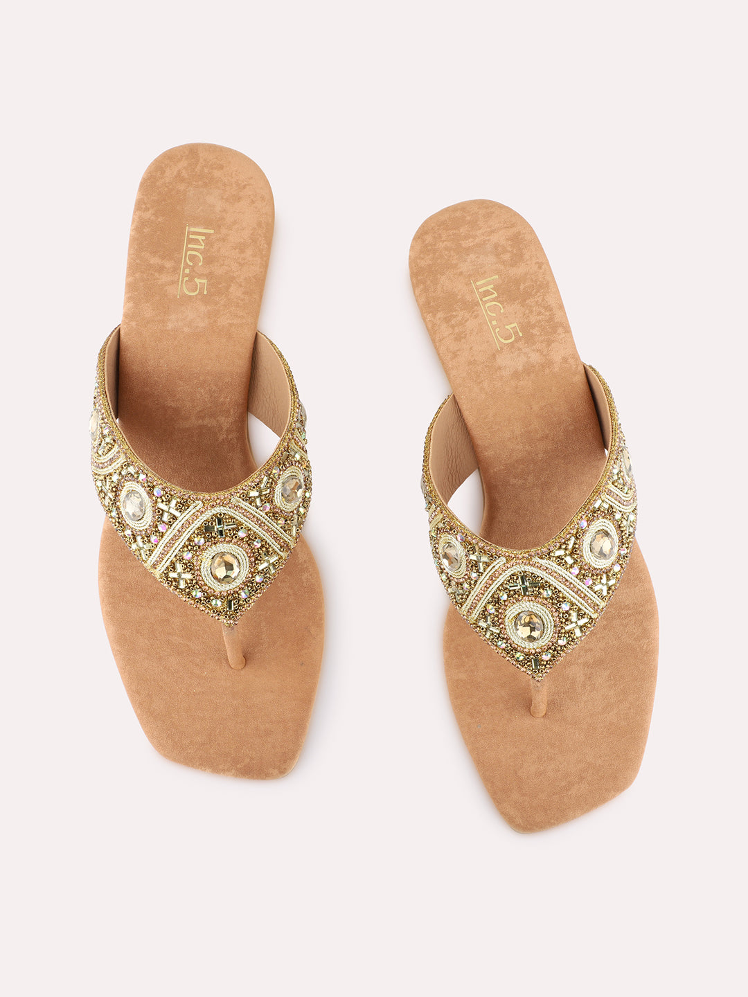 Womens Golden Ethnic Embellished Square Toe Block Heels