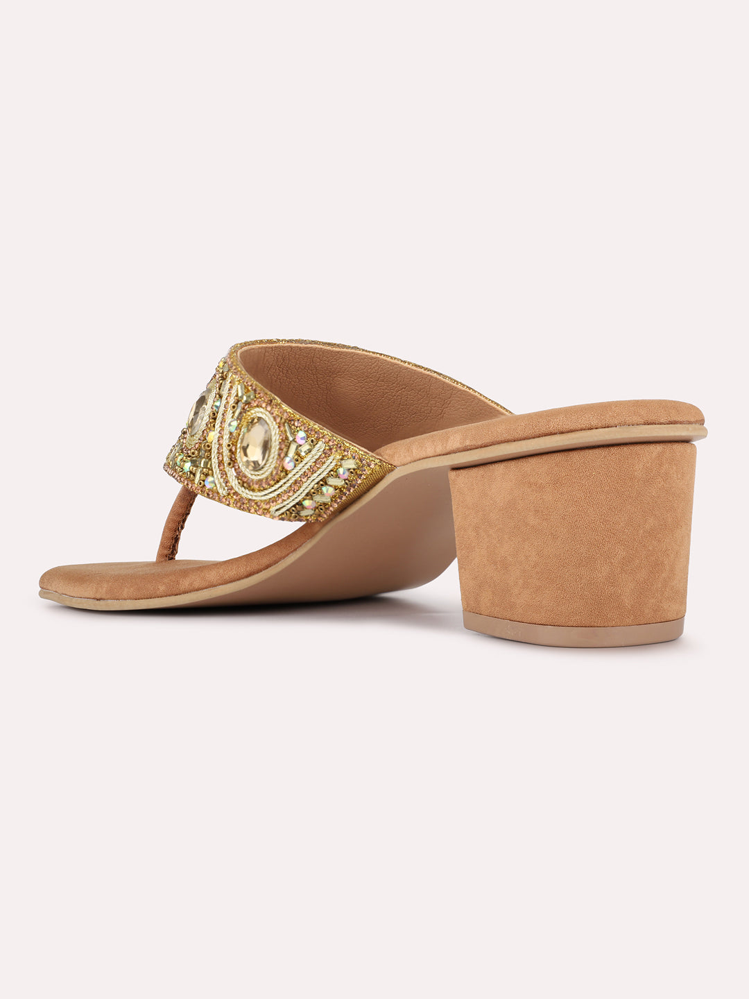 Womens Golden Ethnic Embellished Square Toe Block Heels