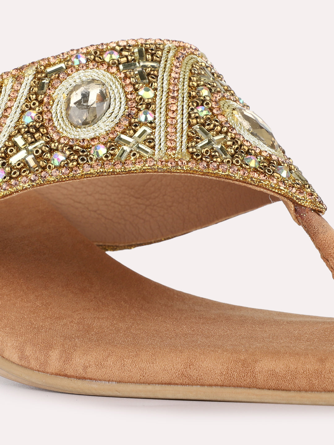 Womens Golden Ethnic Embellished Square Toe Block Heels