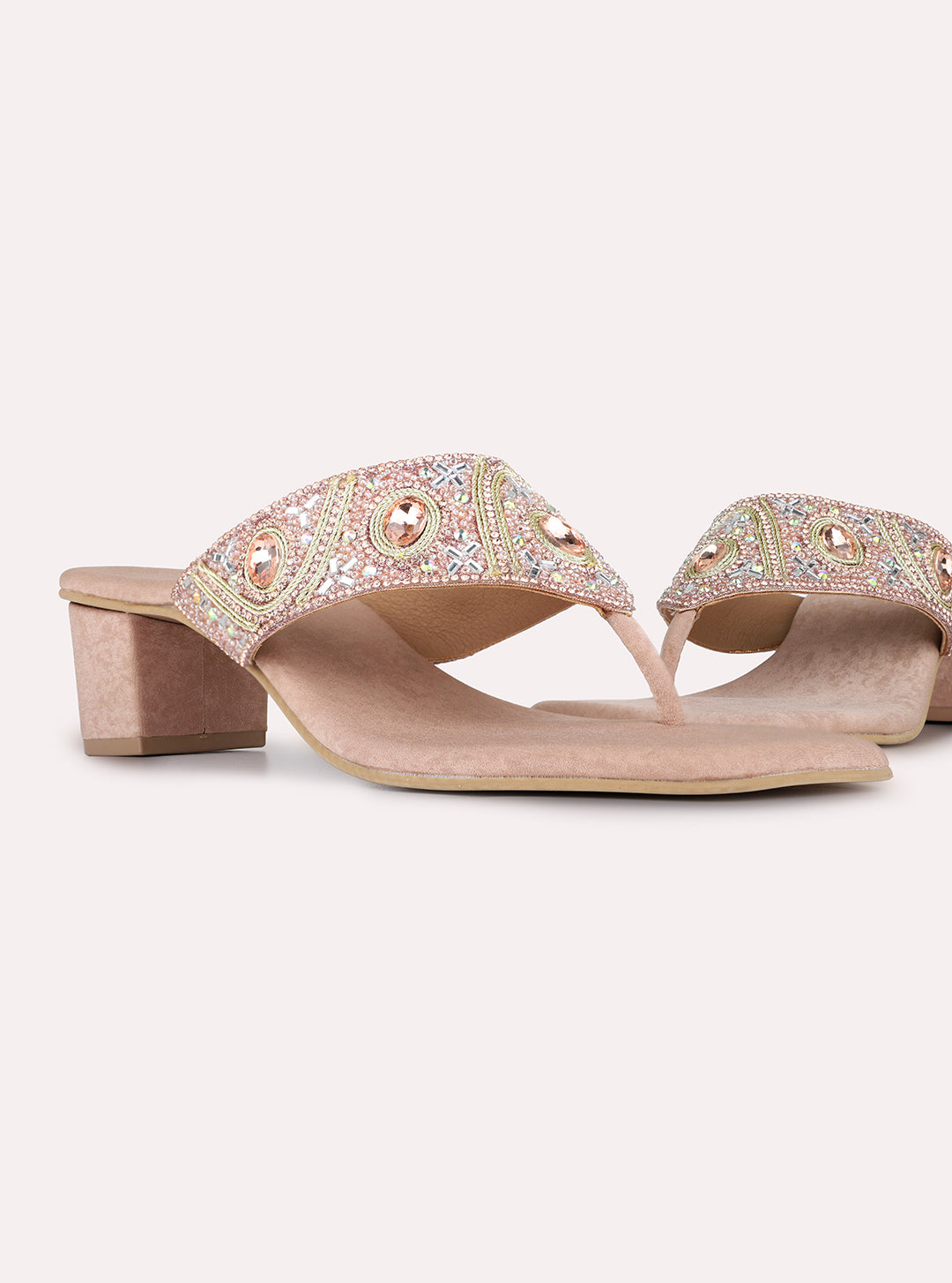Womens Rose Gold Ethnic Embellished Square Toe Block Heels