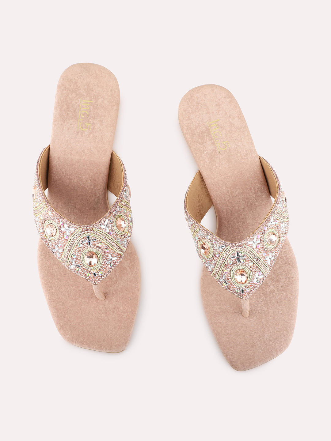 Womens Rose Gold Ethnic Embellished Square Toe Block Heels