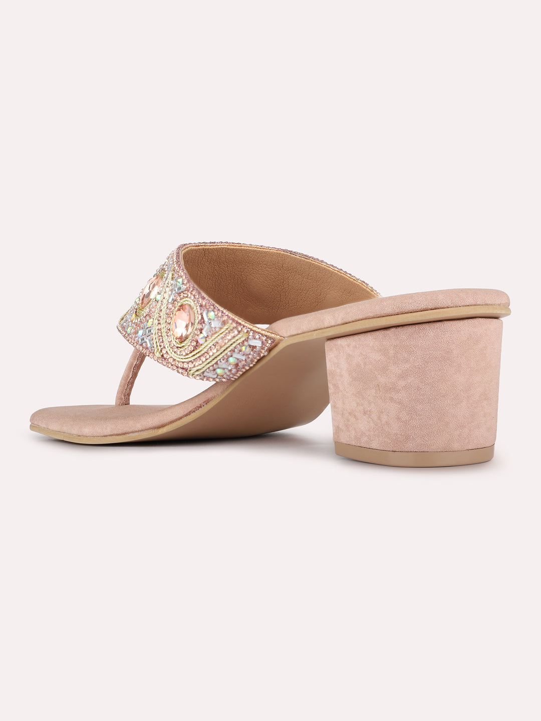Womens Rose Gold Ethnic Embellished Square Toe Block Heels